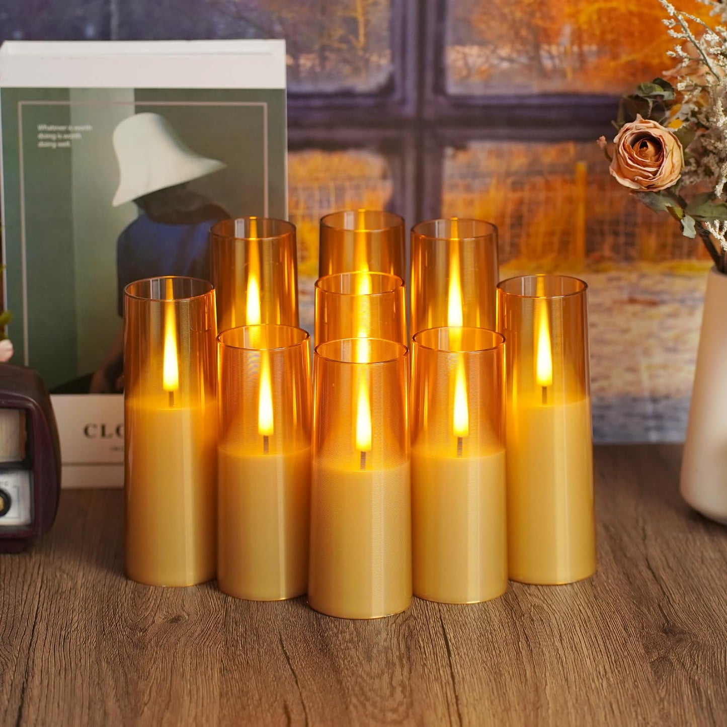 Sasigeiaa Flickering Flameless Candles,Battery Operated, Flameless Candles with Remote, 2/4/6/8 Hour Timer, Realistic Jumping Flame Effect, Perfect for Home Decor, Holiday Decoration Pcs 9 (Gold)