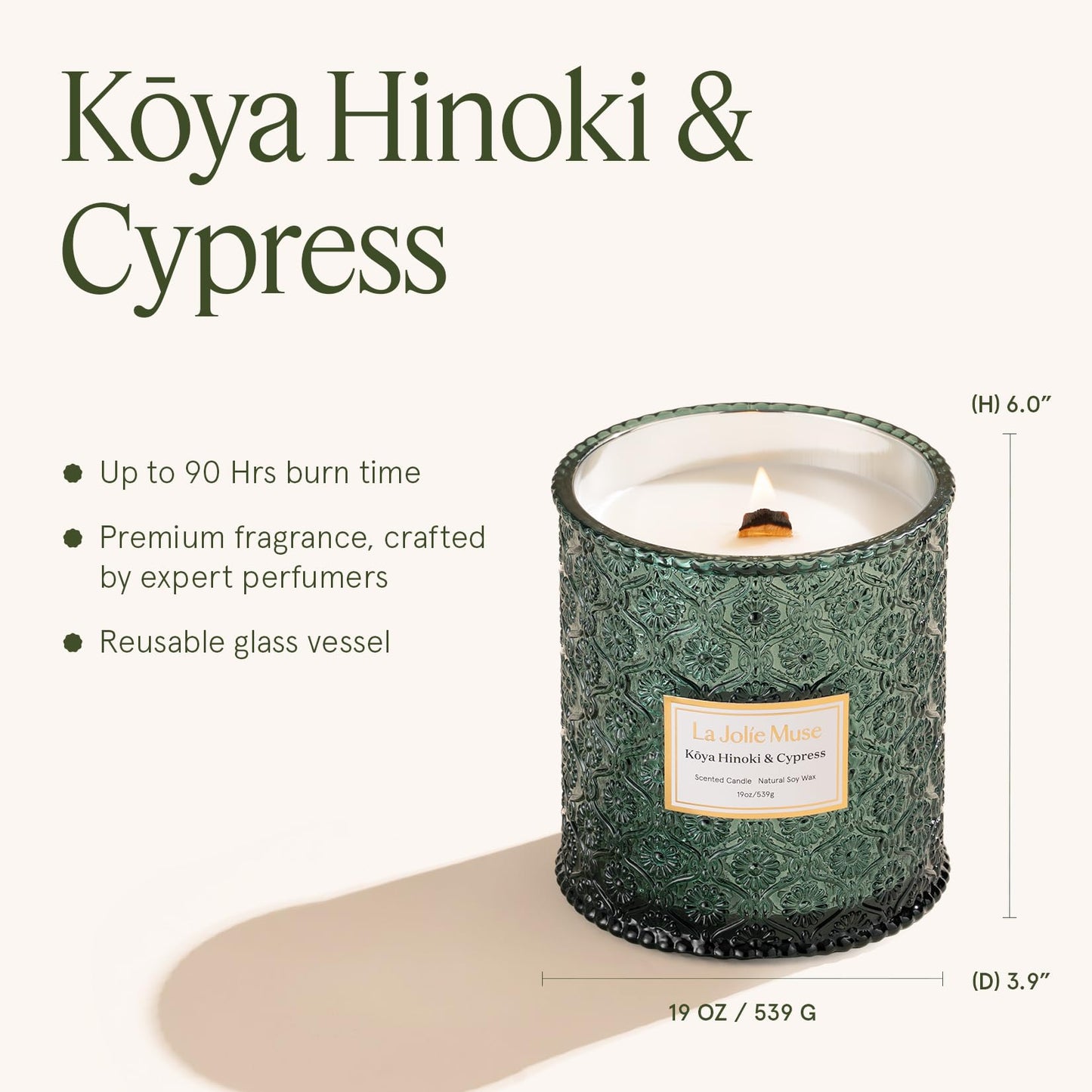 LA JOLIE MUSE Kōya Hinoki & Cypress Candle | Pine, Hinoki & Cedarwood | 19 oz Wooden Wick Soy Candle | 90-Hour Burn | Daily Relaxation & Cozy Ambiance