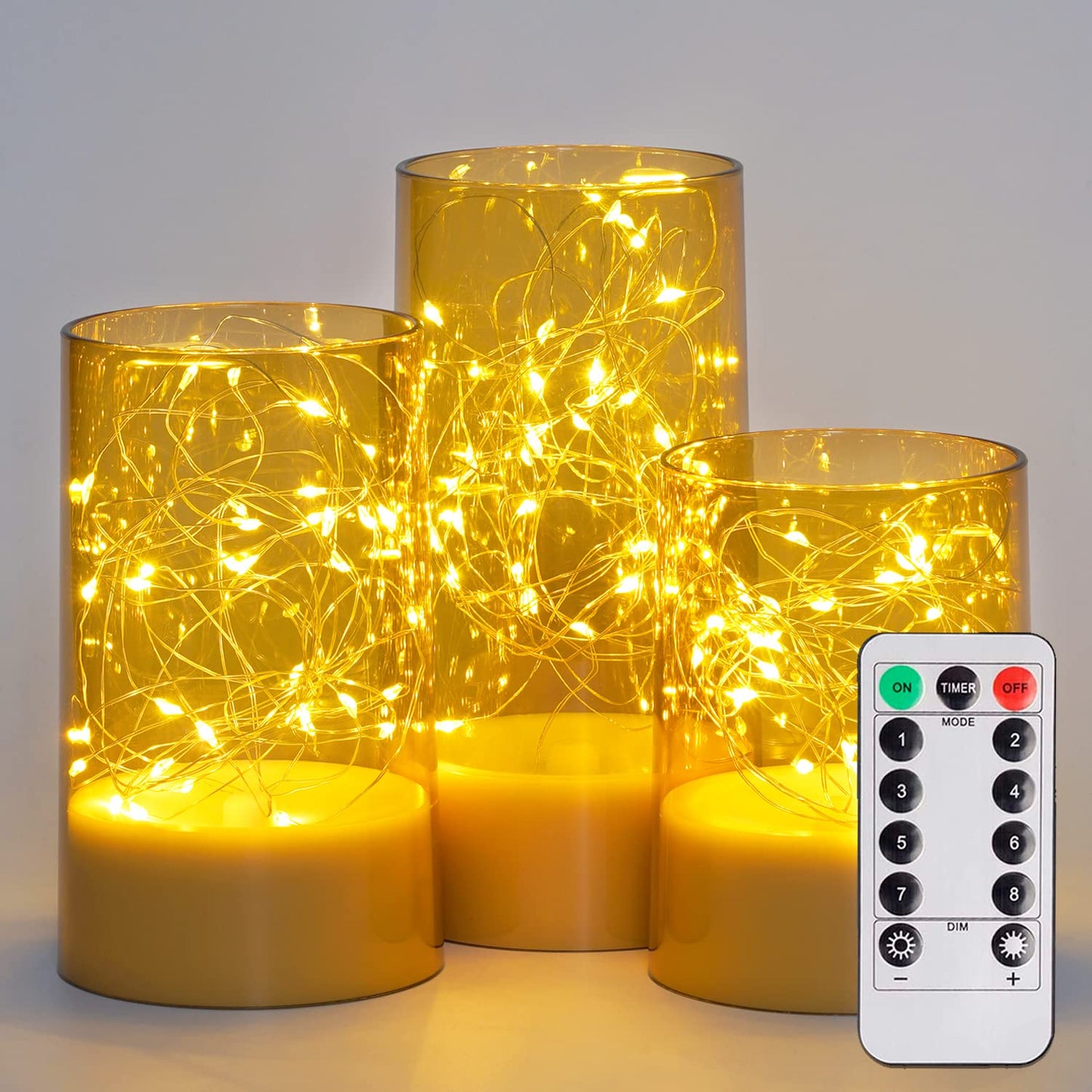 Homemory Flickering Flameless Candles with Remote, Embedded String Lights in Acylinder LED Candles, Battery Operated Fake Candles with Timer, Candle Decor for Home Wedding, Set of 3,Gold