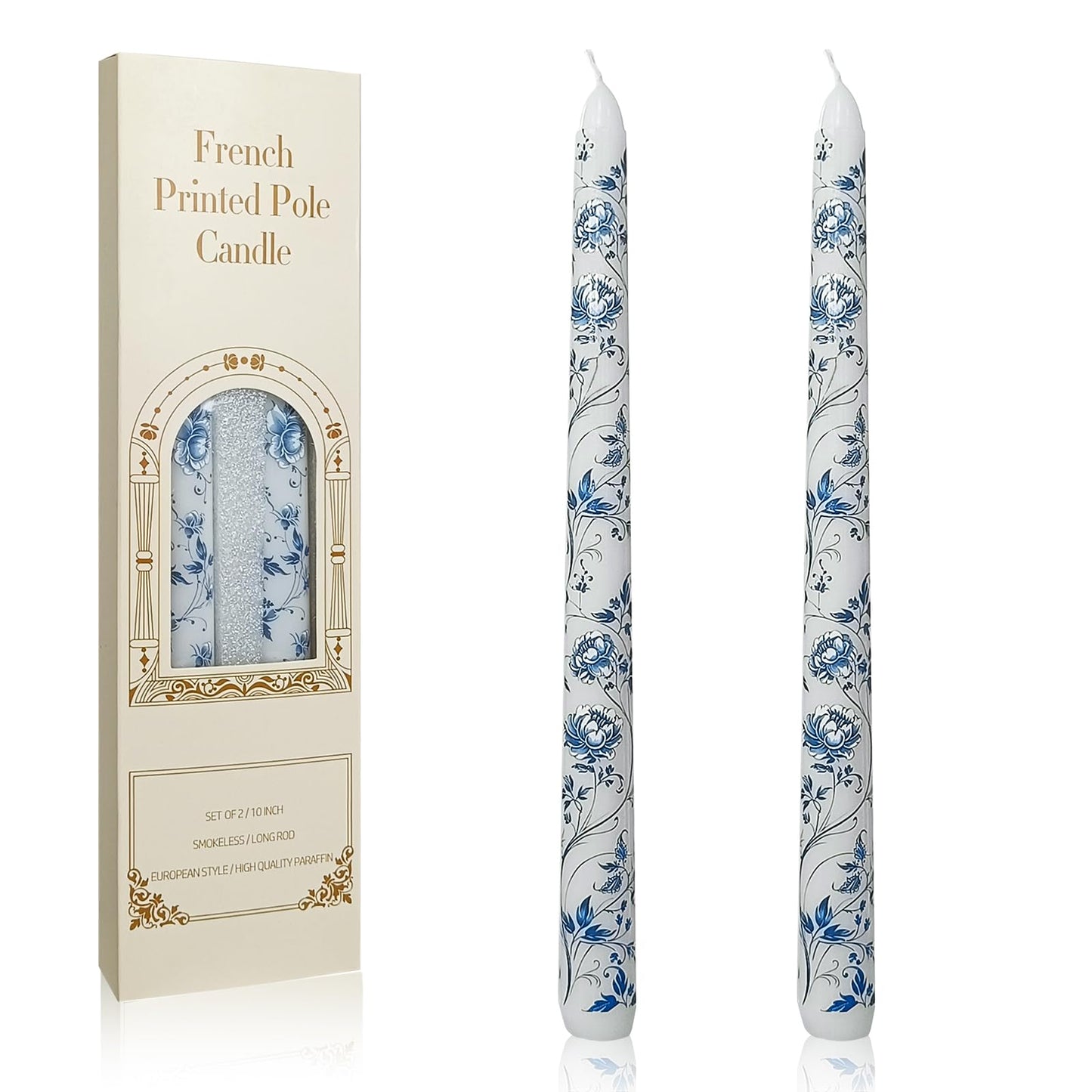 Floral Taper Candles 10 Inch Tall Unscented Handmade Blue and White Peony Pattern Print Long Burning Elegant Candlesticks for Wedding Dinner Home Decor