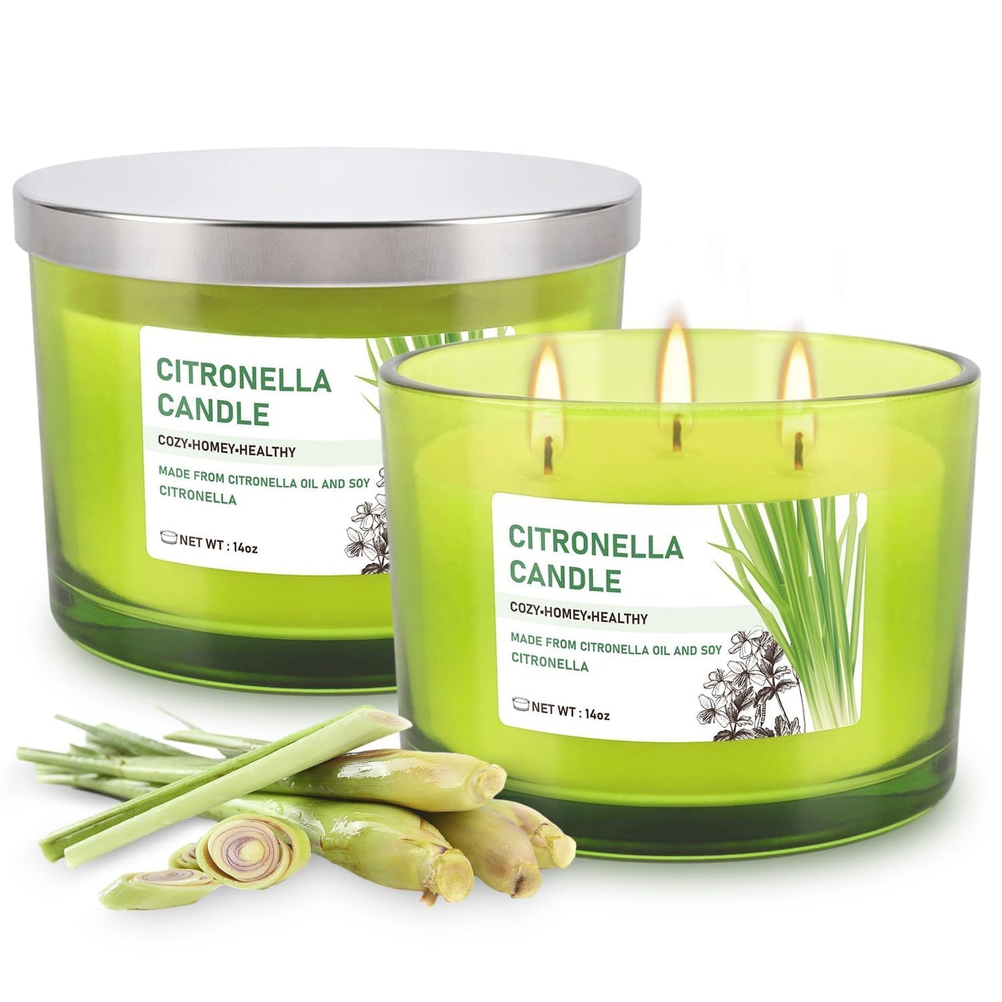 CAKETYCG Set of 2 Green Glass Jars Citronella Oil Candles 14oz Smokeless & Outdoor Candles Perfect for Courtyards, Backyards, Camping, Picnics, and Garden.