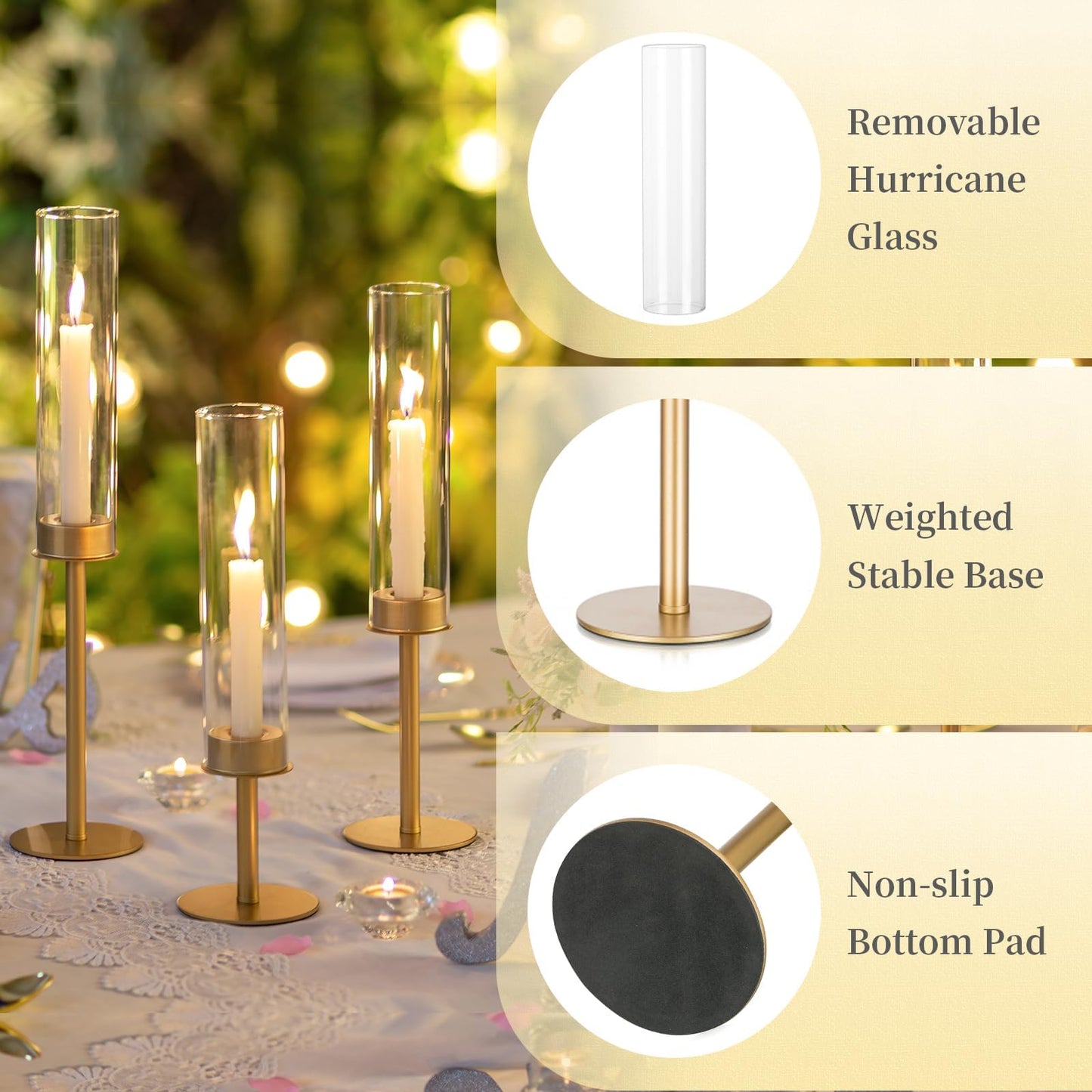 Hewory Gold Candle Holders, 12Pcs Brass Hurricane Candlestick Holders with Glass Candle Cover for Wedding Table Centerpiece Christmas Decor