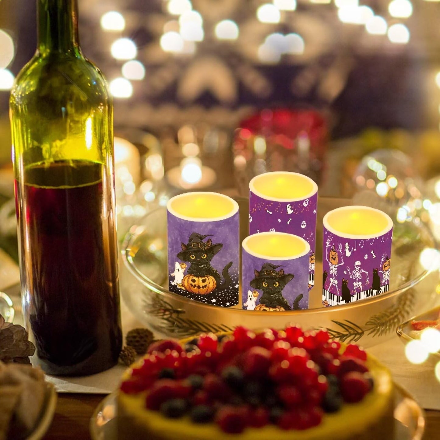 Merkmak Set of 4 Halloween Flickering Flameless Candles Battery Operated with Remote and Timers Pumpkin Black Cat LED Pillar Candles Bulk for Home Trick or Treat Party Decoration