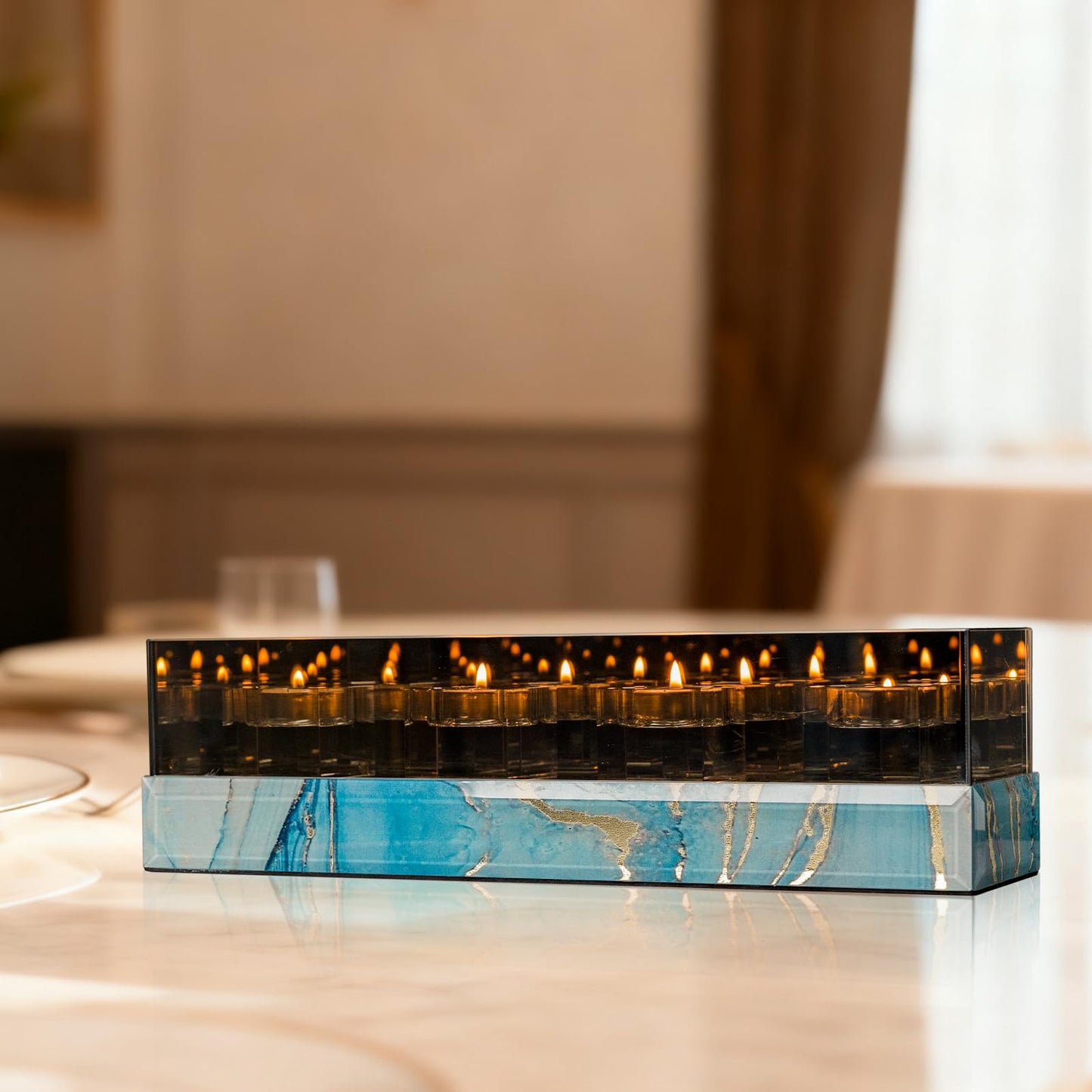 Timetrace Glass Candle Holder Rectangular 4 Candle Seat with Marble Pattern-Tealight and Votive Candles Holders Centerpiece Table Decorations for Home Décor, Dining Room, Kitchen, Patio (Blue)
