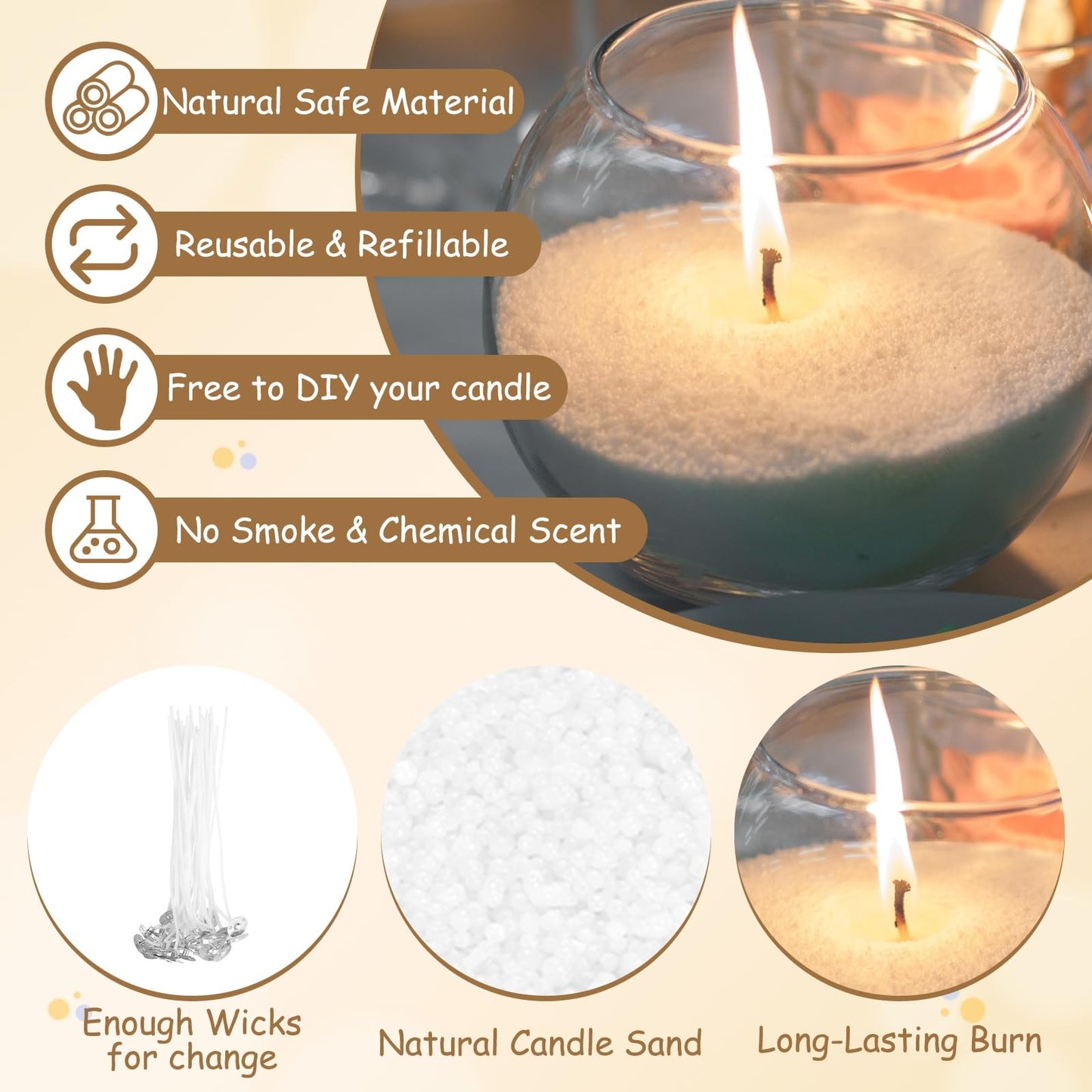 MECCANIXITY Pearled Sand Candles with 50 Pcs Wicks 21Oz / 600g Candle Beads Refillable Powder Sand Wax Making Kit for Thanksgiving Christmas Wedding Party DIY Home Crafts, White
