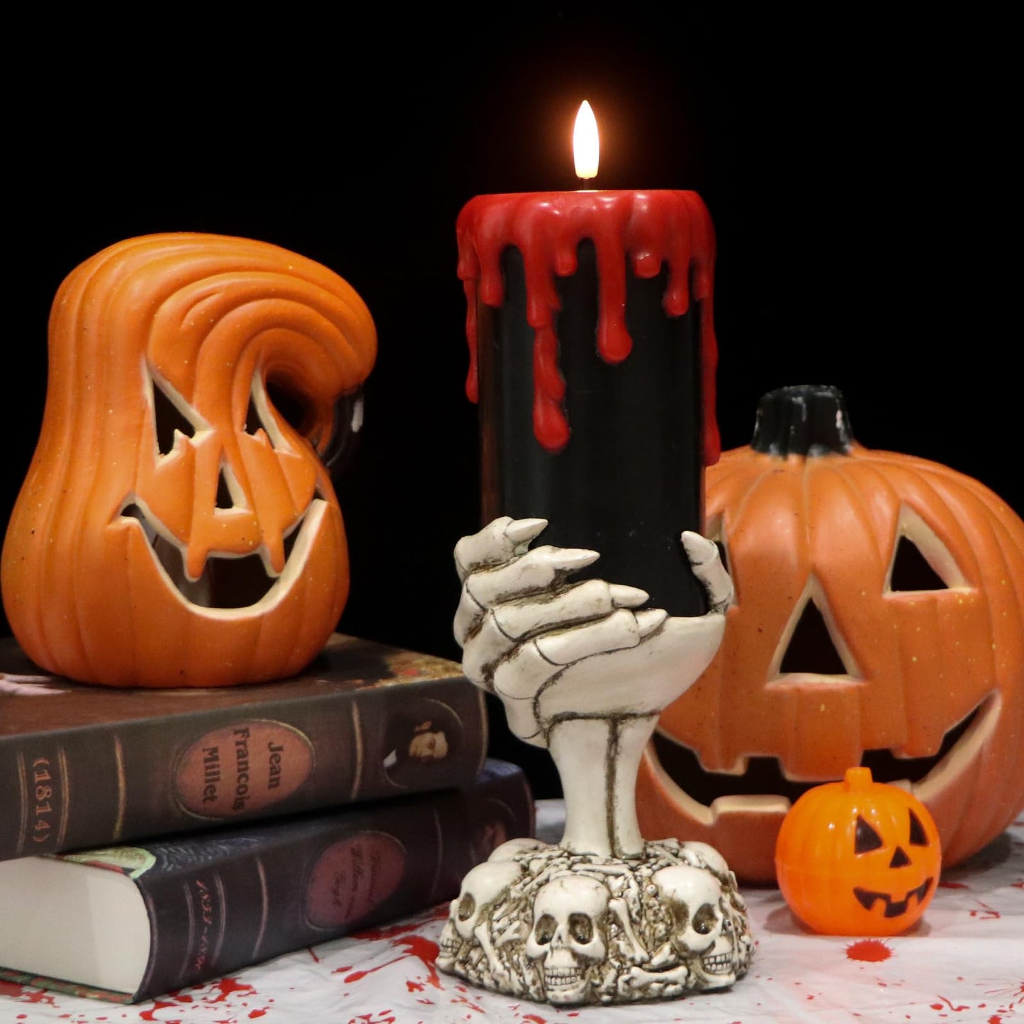 DRomance Black Flameless Flickering Candles with Timer, Blood Dripping Wax Effect Battery Operated LED Pillar Candle with Skeleton Hand Candle Holder Halloween Table Centerpiece Decor(4" x 11")