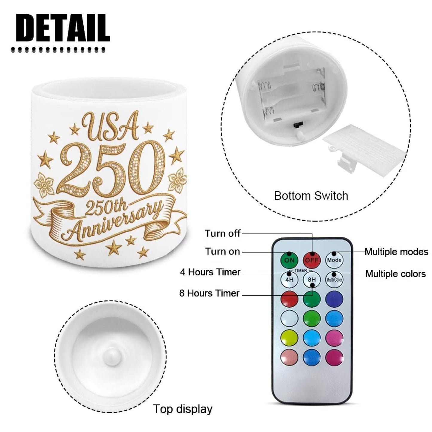 NETILGEN American 250th Anniversary Theme 4 Packs Flameless Candles LED Pillar Candles with Battery Operated Color Changing with Remote Control American Flag Eagle Print