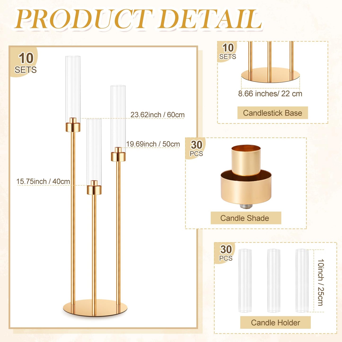 Suclain 10 Set 3 Arm Candelabra Centerpiece 33.8 Inch Candle Holder Gold Candelabra Metal Floor Pillar Candlesticks for Tables Wedding Home Party Decoration