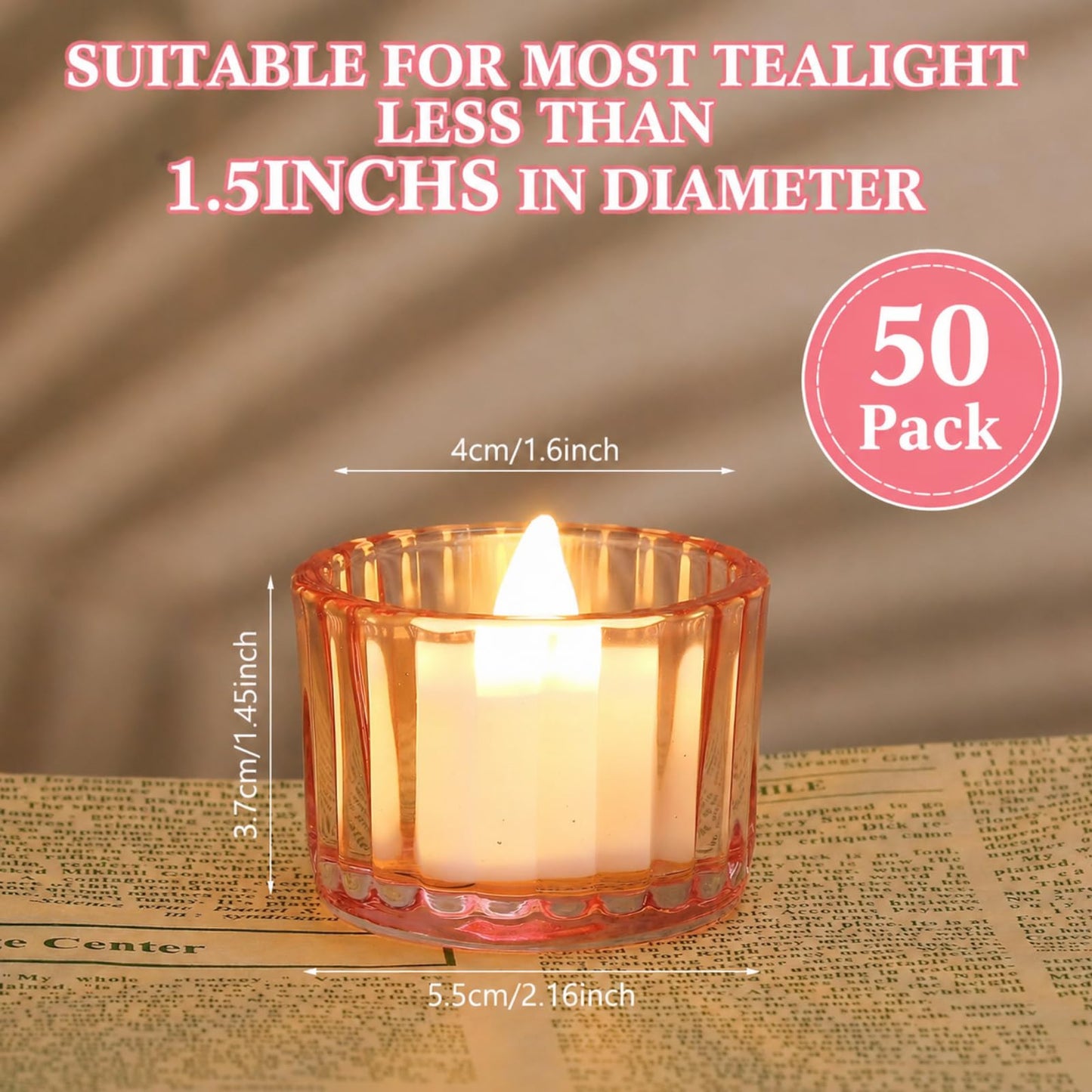 Mumufy 50 Pcs Glass Tealight Candle Holder Ribbed Votive Candle Holder for Centerpiece Wedding Proposal Spa Aromatherapy Meditation Home Decor (Pink)