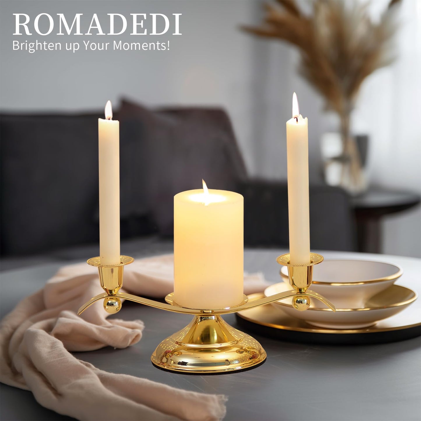 Unity Candle Holder for Wedding Ceremony Set - Romadedi 3 Arm Metal Gold Candle Stand for Pillar Taper Candlestick Unity Candles Centerpiece Decor Bride Reception Anniversary Decoration Gift