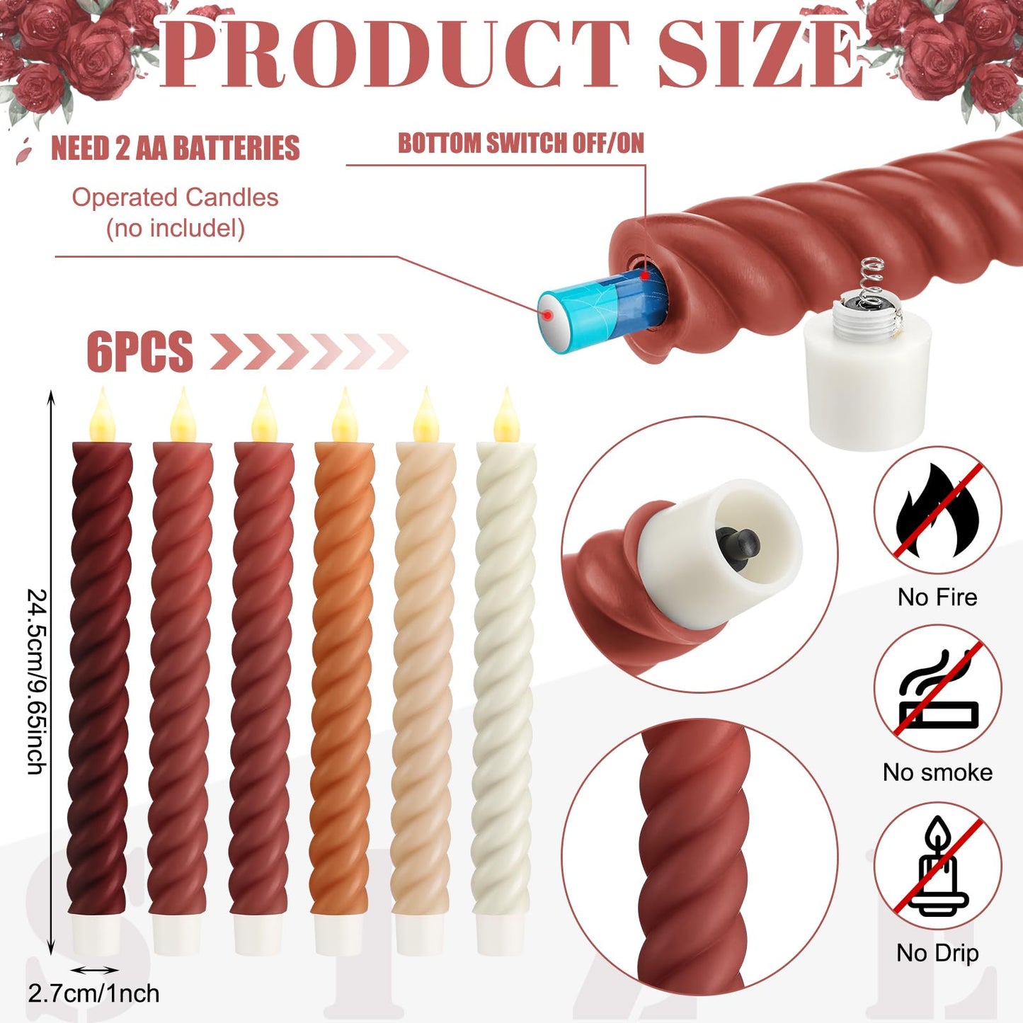 Baquler 6 Pcs Fall Flameless Taper Candle Twisted LED 9.65 Inch Fall Taper Candles Battery Operated Twisted Candlesticks for Thanksgiving Harvest Wedding Birthday Home Party Dinner Fireplace Decor