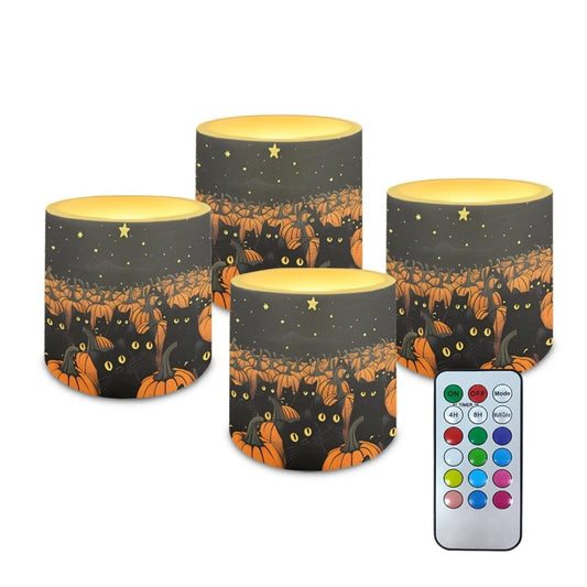 Merkmak Trick or Treat Day Flameless Candles with 18-Key Remote Battery Operated Candles with Timer, Pumpkin Black Cat Print LED Pillar Tea Lights for Halloween Party Home Decoration