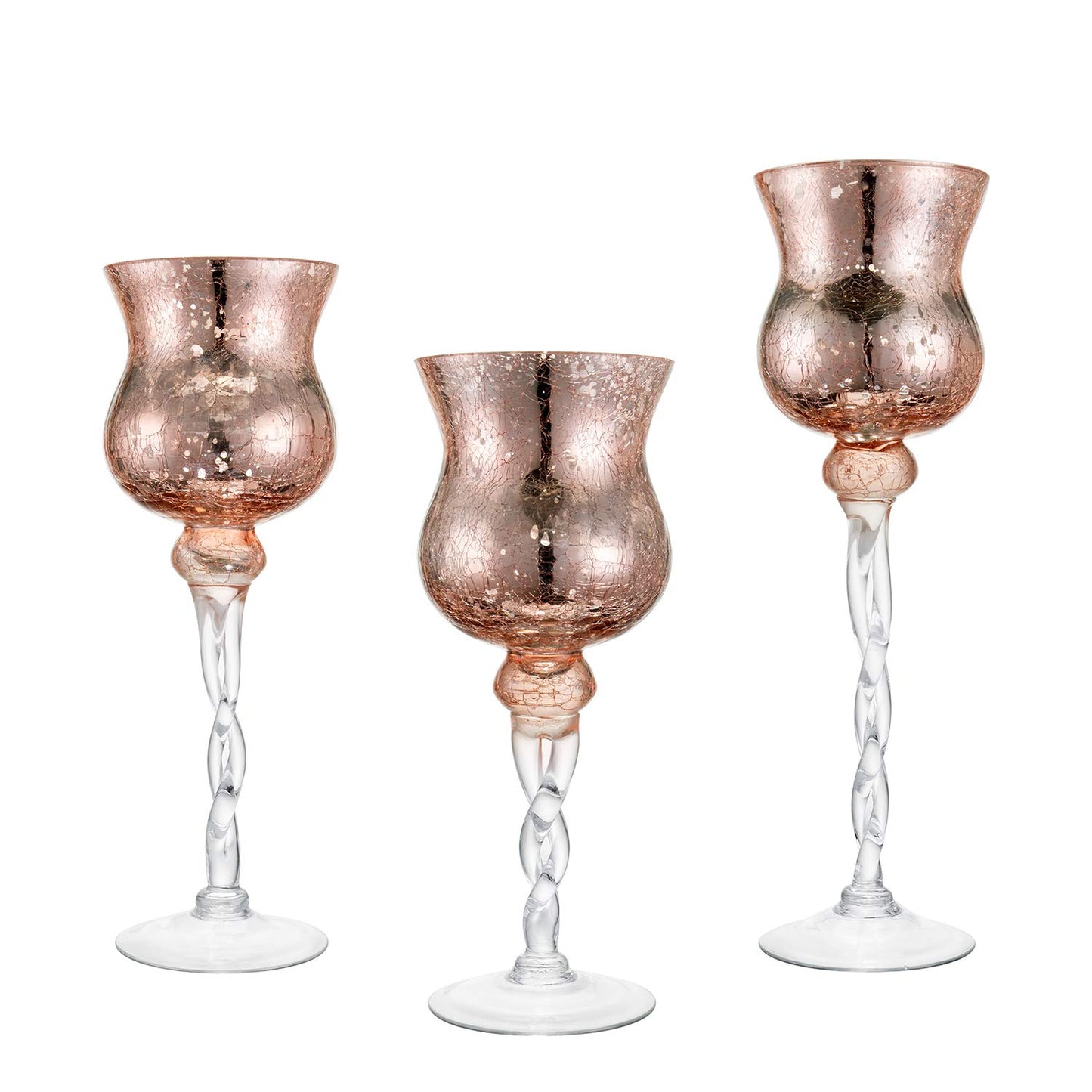 Diamond Star Pink Mercury Crackle Glass Long Stem Tealight Candle Holders Centerpieces for Wedding Table, Set of 3 (12",14",15.5" Tall)
