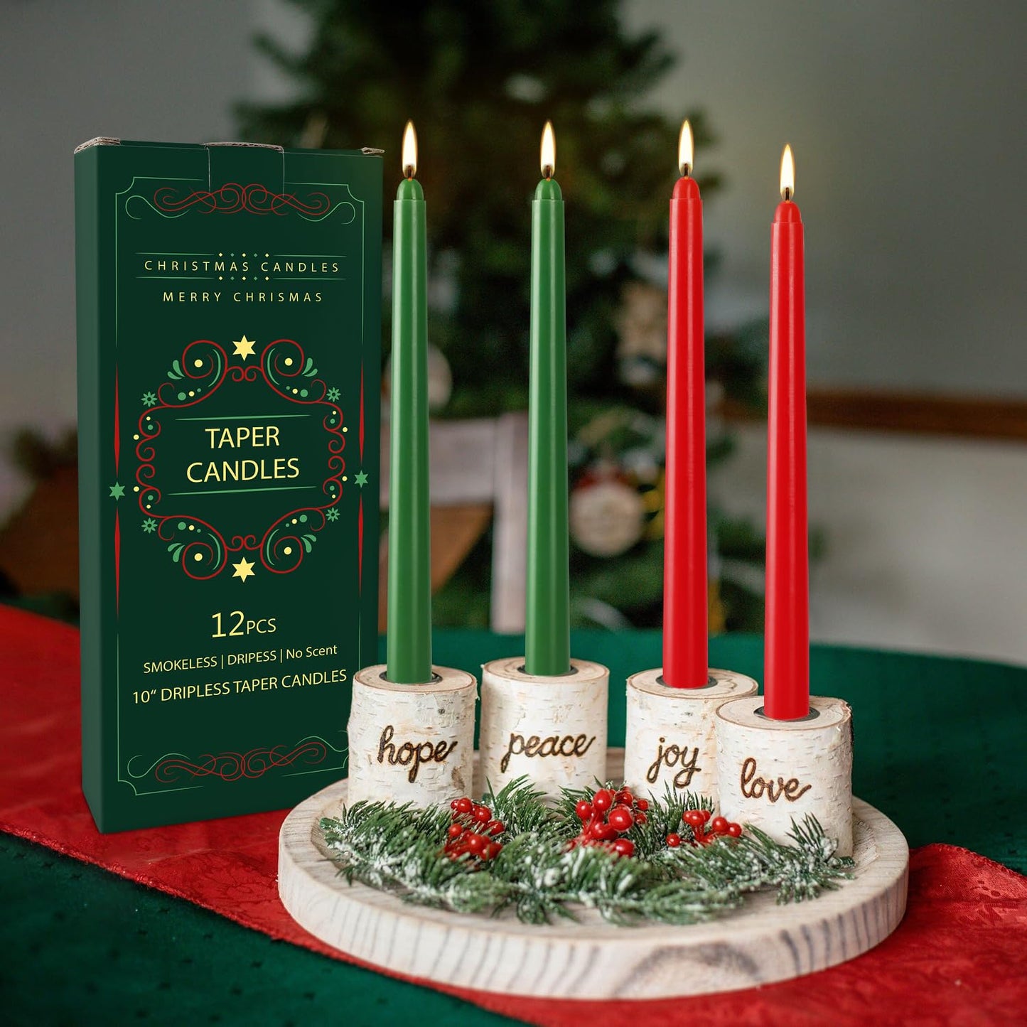 12-Pack 10-Inch Green & Red Christmas Taper Candles - Perfect for Holiday Decorations and Parties