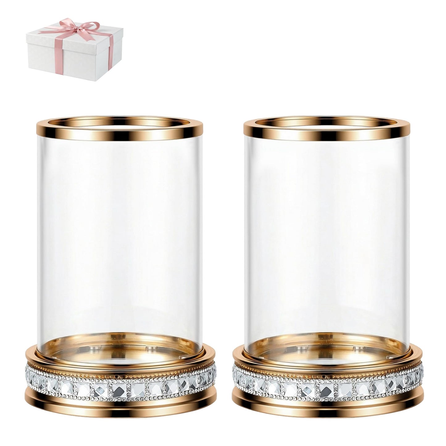 2pcs Hurricane Candle Holder, Pillar Candle Holders with Clear Glass Sleeve, Small Crystal Lantern for Fall Thanksgiving Christmas Holiday Dining Table Centerpiece (Gold)
