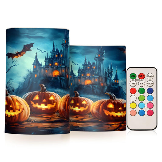 ALAZA Halloween Pumpkins Castle Flying Bat Flickering Flameless Candles Battery Operated with Remote Timer,Tea Light Candles LED Pillar Votive Candles Set of 2 for Outdoor Indoor Decorations