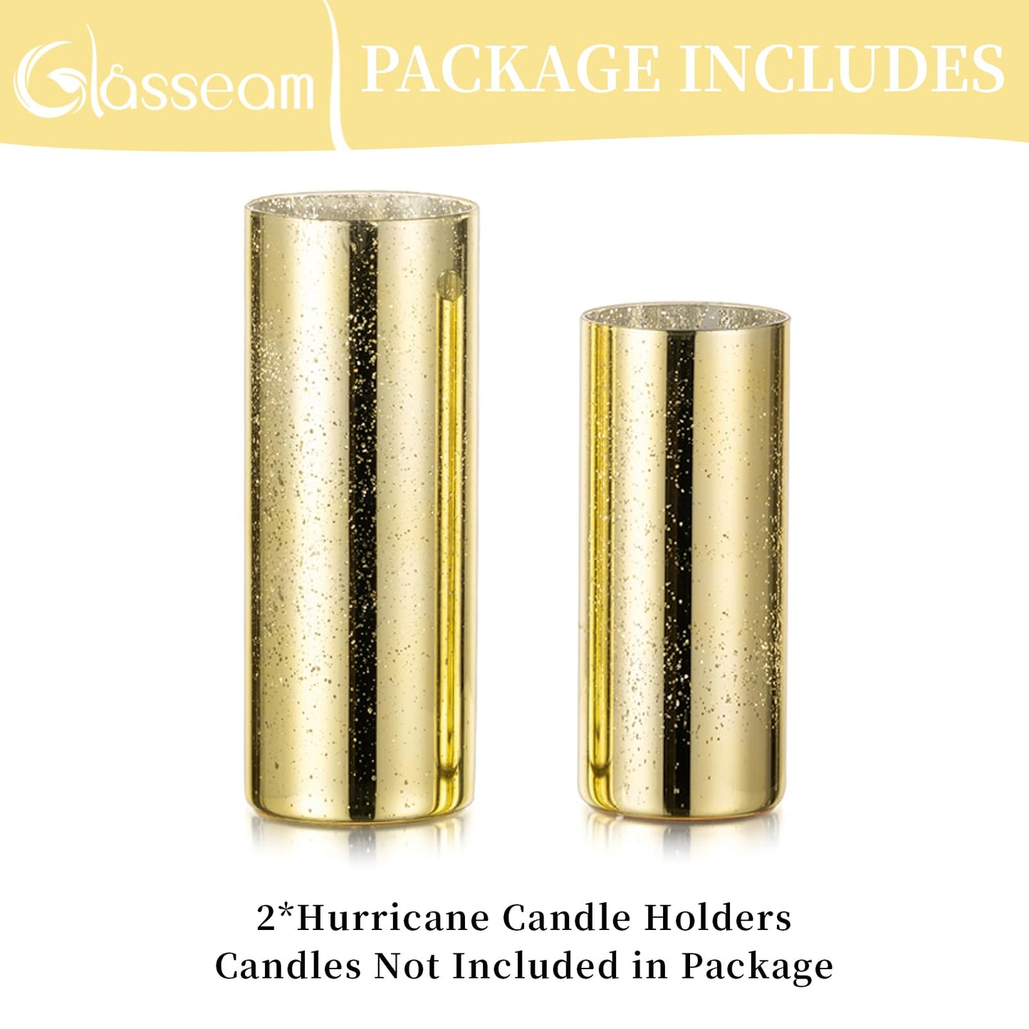 Glasseam Gold Hurricane Candle Holder Set of 2, Mercury Glass Candle Holder, Cylinder Candle Holders for Pillar Candles, Floating Candle Vases for Centerpieces Wedding Table Christmas Party 7.8''+10''