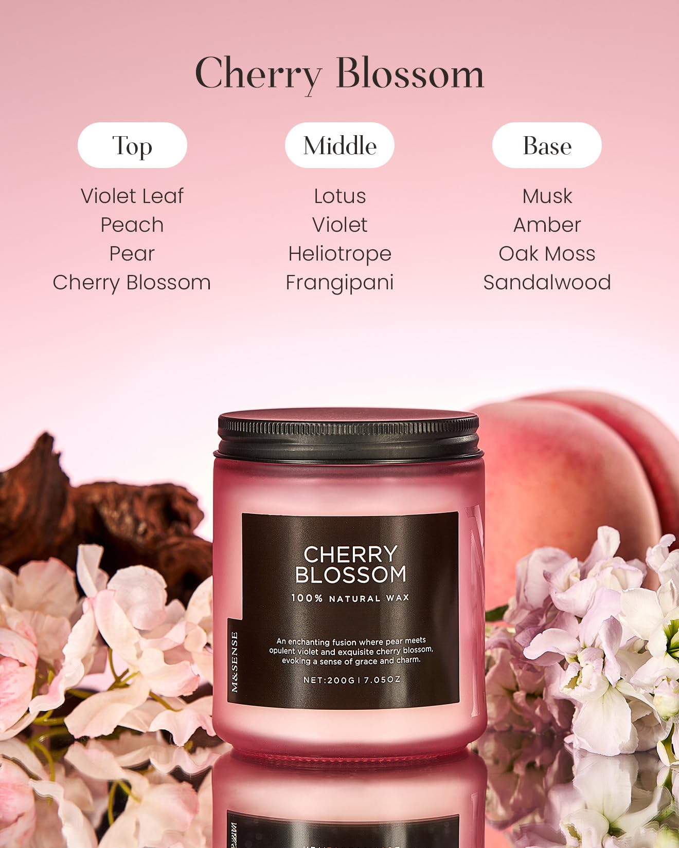 M&SENSE Cherry Blossom Scented Candle, 7.05oz Natural Organic Soy Wax, 50 Hours Non Toxic, Spring Smelling Home Scented Candle for Bath Relaxation, Stress Relief Housewarming Gift for Her