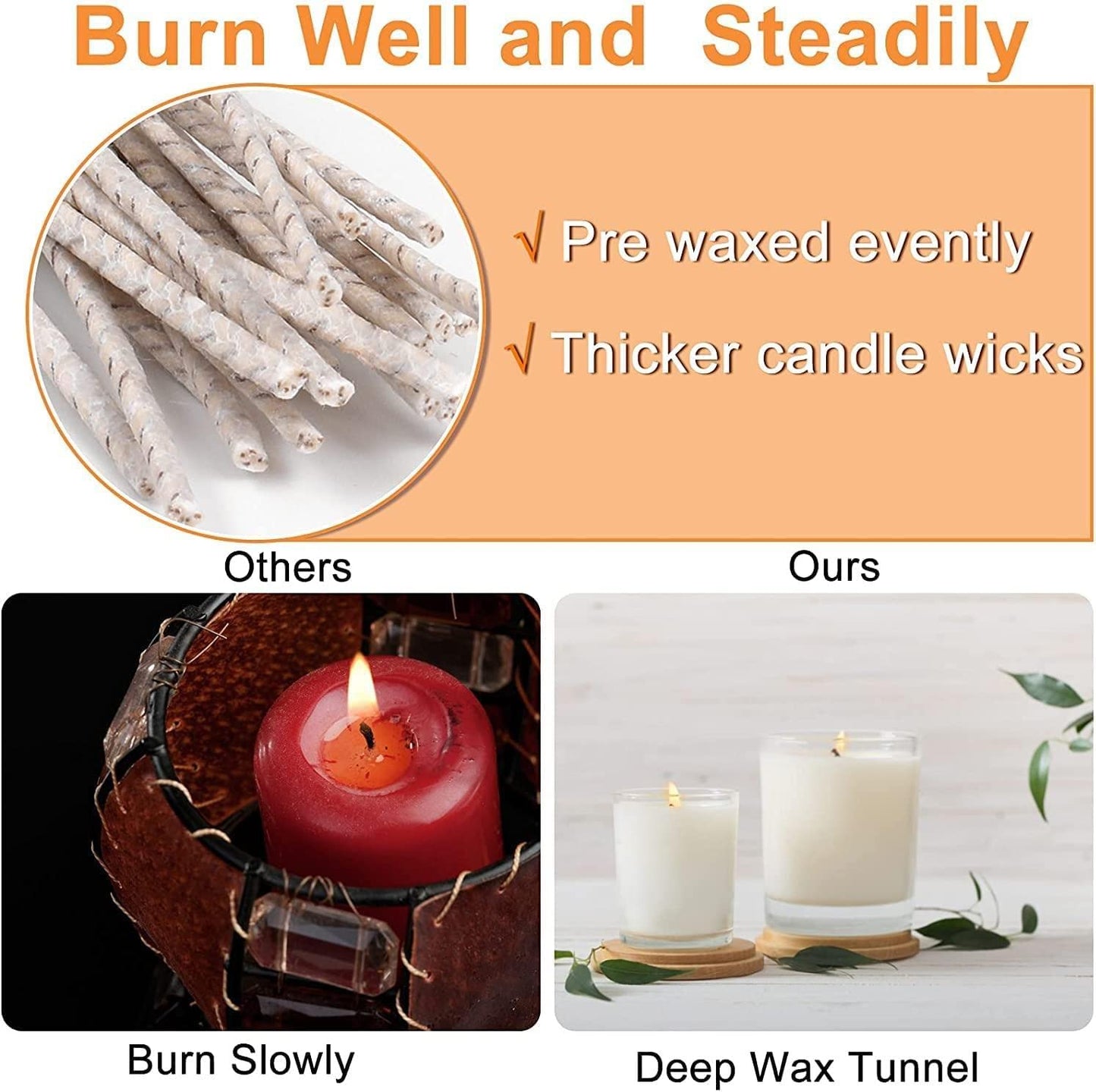 100pcs CD 6 Wicks for Soy Candles, 6 inch Pre-Waxed Candle Wick for Candle Making,Thick Candle Wick with Base