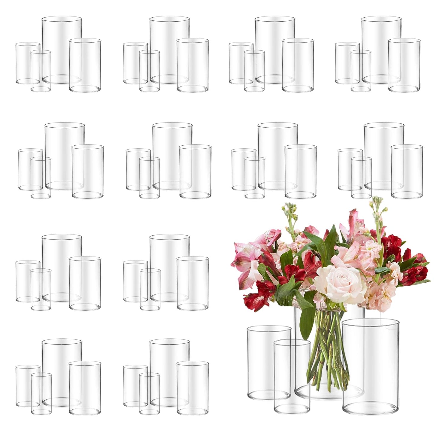 48pcs Glass Vase Cylinder for Centerpieces Small Flower Glass Clear Home Decor Centerpiece Table Flower Vase Decorations for Wedding＆Holiday 4,4,4.7,6Inch Tall