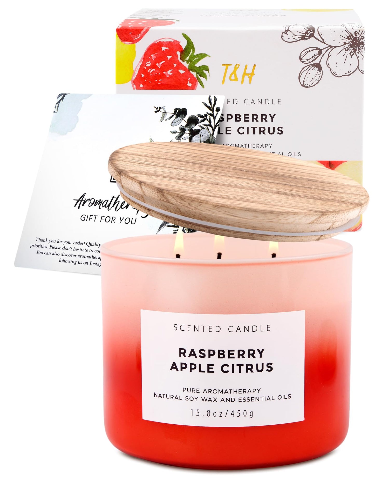 Raspberry Apple Citrus 3-Wick Soy Candle | 15.8 oz Large Scented Candle for Home | Clean Burn Long Lasting | Fruity Citrus Spice Scent | Gift Ready