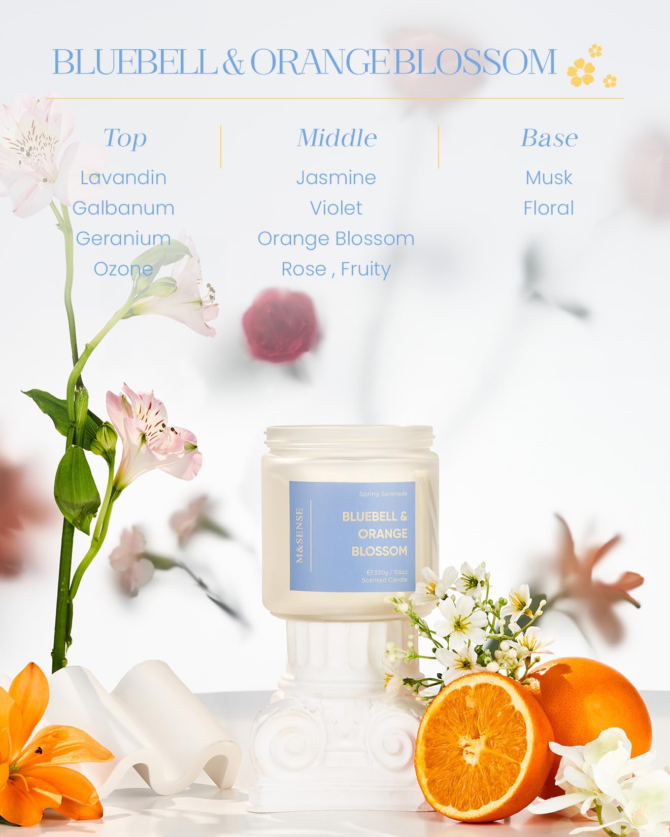 M&SENSE Bluebell Orange Blossom Scented Candle | 11.6oz Natural Soy Wax, 70-Hour Burn Time, Non-Toxic 2-Wick Candle for Home Refresh, Spring Decor & Self-Care Gifts