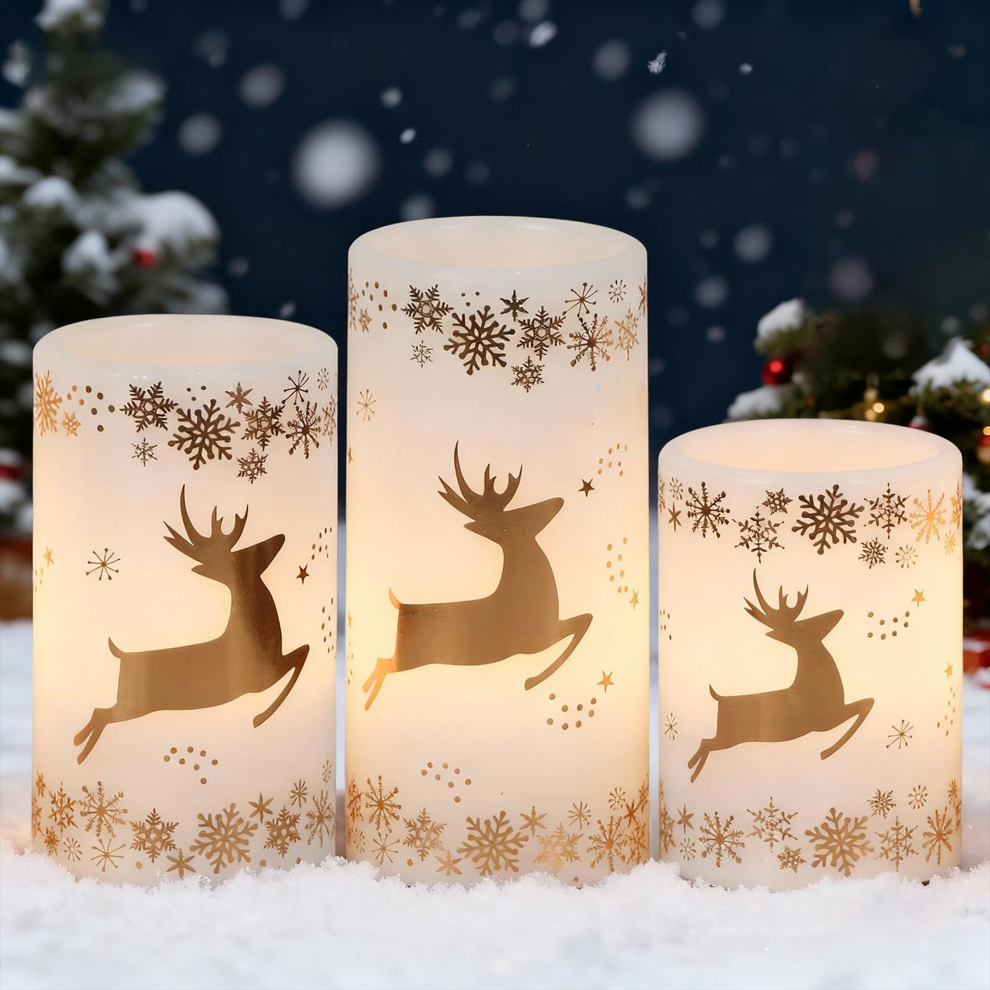 Lasumora Golden Reindeer Christmas Candles with 6H Timer, Real Wax LED Candles Flameless Flickering, Battery Operated Candle Pillar for Home Décor Christmas Decorations Gifts, 3x4/5/6 inches