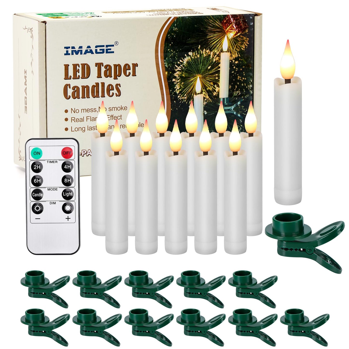 IMAGE 12Pcs LED Taper Candles Light Set Flameless 3D Wick Ivory Candles with Clip-on Christmas Tree Design, 10-Key Remote with Timer, Warm White Light, Battery Operated for Versatile Decoration