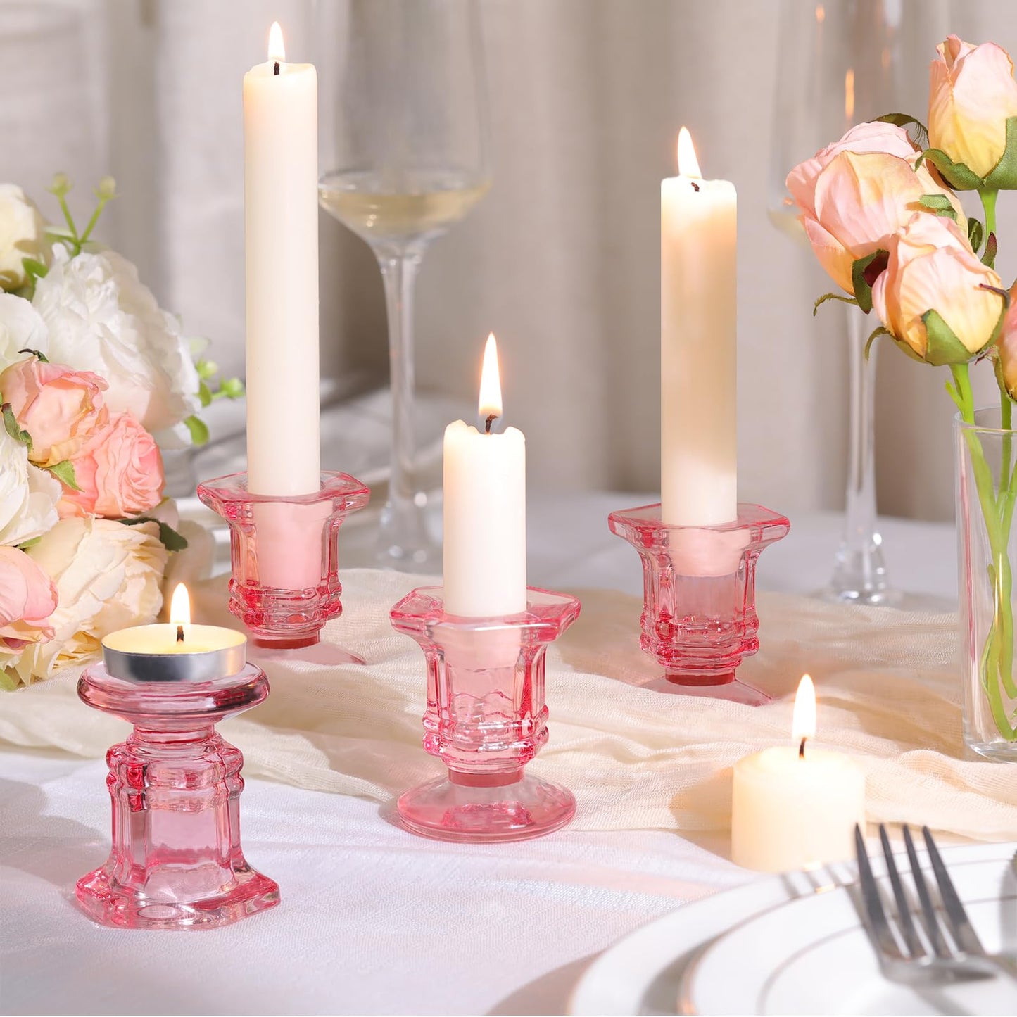 Lanttu 12 Pcs Pink Candlestick Holders Bulk, Glass Candle Holders Set, Crystal Taper Candle Holder for Wedding, Table Centerpiece, Home Decoration