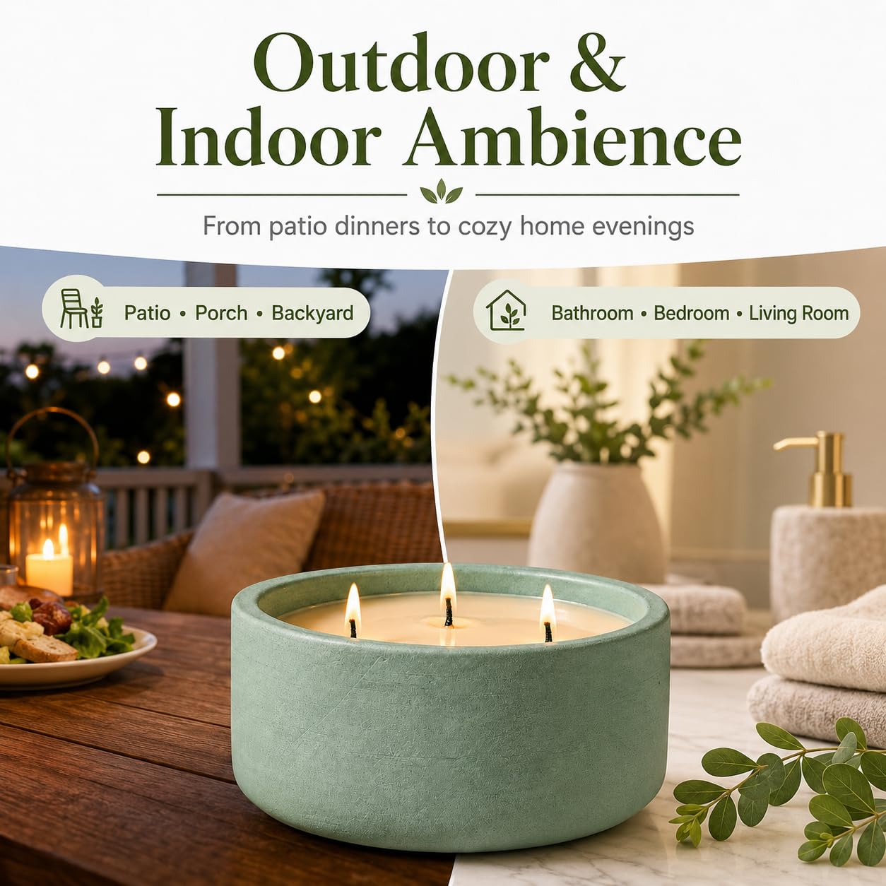 Large 20oz Scented Candle - Citrus & Mint, 3 Wick Non Toxic Soy Candles Indoor, Green Decorative Ceramic Jar Candle for Women, Men, Patio, Home, Bedroom, Bathroom, Living Room