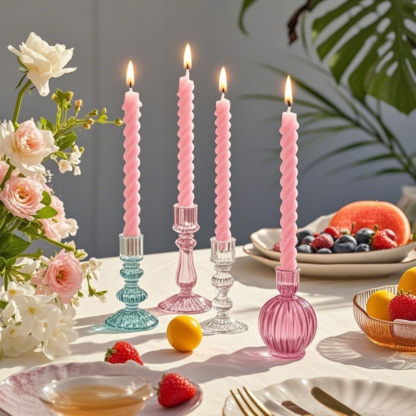 6 Pack Pink Taper Christmas Candles,Unscented Dripless Taper Candles 10 Inch,Pink Candlesticks Spiral Dripless 8 Hours Long Burning Time, Ideal for Christmas,Easter,New Years Eve Decoration