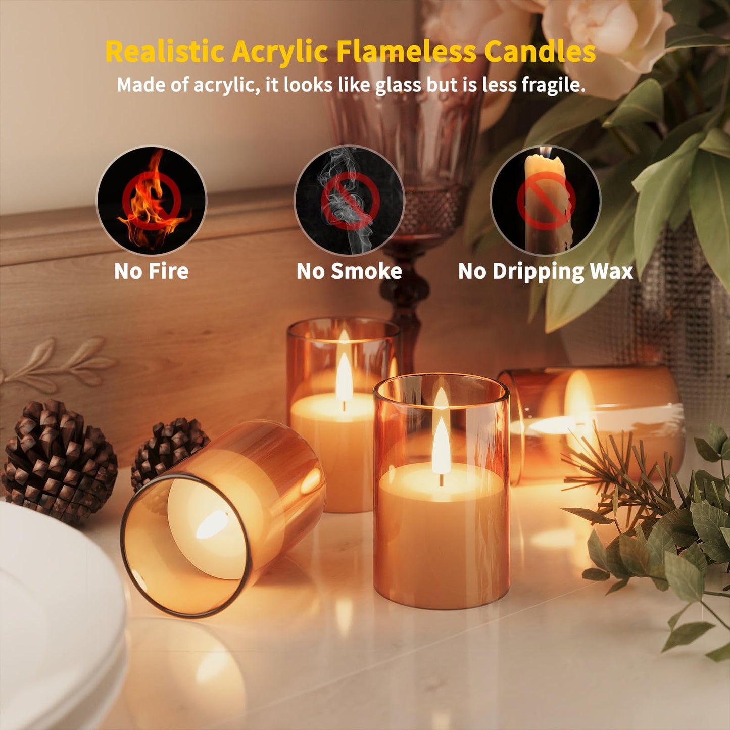 VIODAIM 12Pack Flickering Flameless LED Candles with Timer, Battery Powered - Small Pillar & Votive, Acrylic Made, Gold (2"X3")