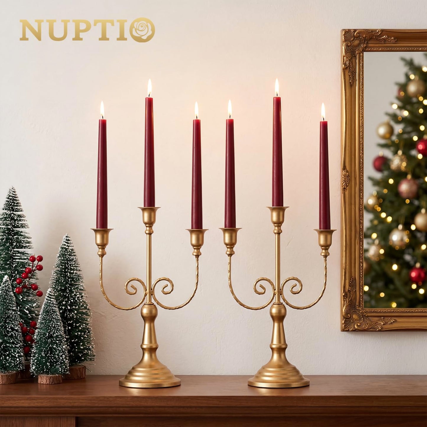 NUPTIO Candlestick Holders Candelabras Gold Candle Stick Stands 2 Pcs Metal Candelabra Centerpieces Candlestick Holders for Tapered Candles Wedding Birthday Party Dining Table Christmas Decoration 11"