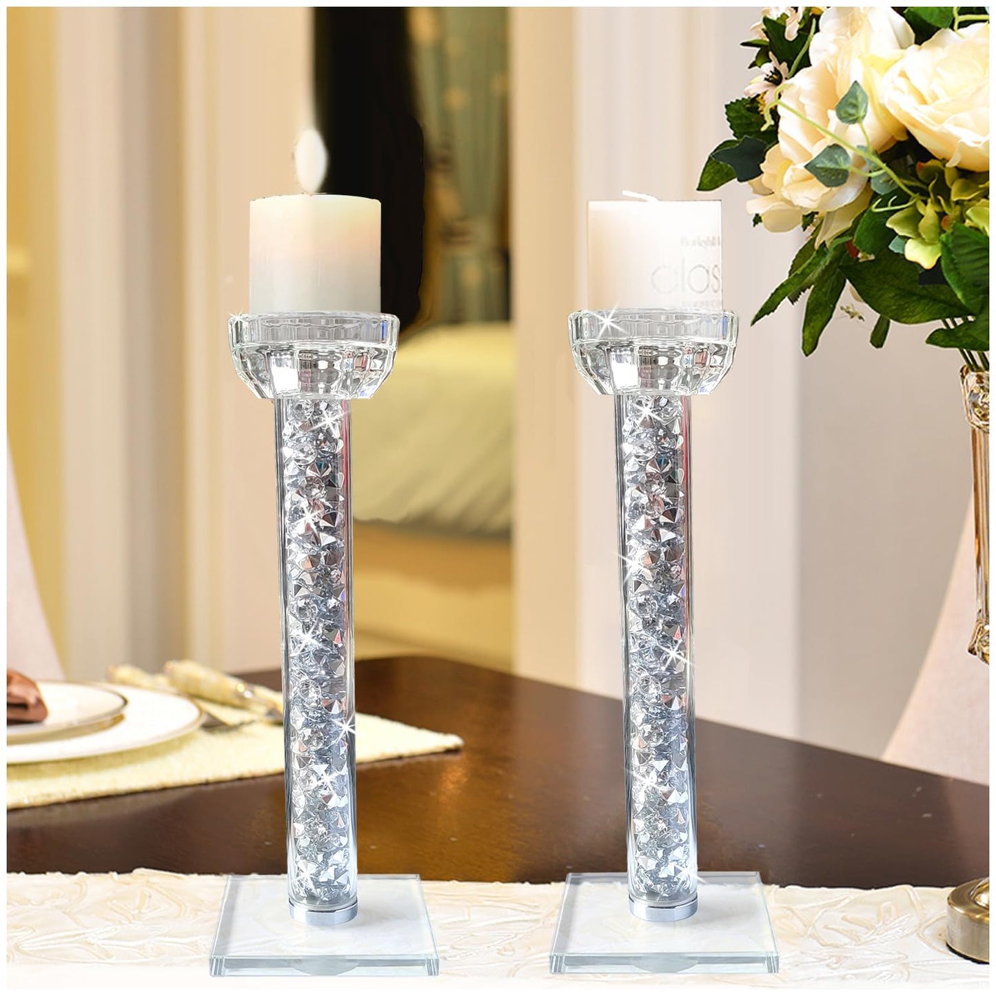 Wocred Candle Holders Set of 2.Stunning Shabbat Candle Holders.8.6" Tall Crystal Candlestick Holders for Dinning Room,Mantelpiece.