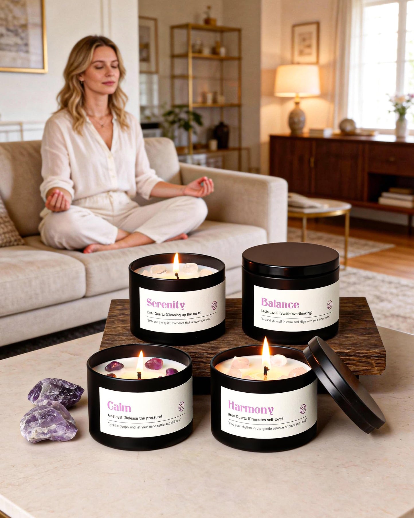 AOOVOO Crystal Soothing Candles Set for Women - 4 Pack 26 oz Soy Wax Candle for Home Scented, 200 Hour Long Lasting Candle, Calm Amethyst/Serenity Clear Quartz/Harmony Rose Quartz/Balance Lapis Lazuli
