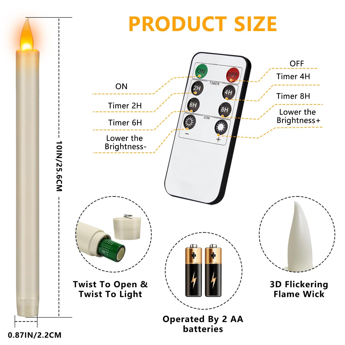 wemarry 10" Flameless Taper Candles with Remote, Electric Led Candlesticks, Plastic Tall Taper Candles Battery Operated with Flickering Flame for Halloween Christmas Wedding Home Décor(Ivory, 12 Pack)