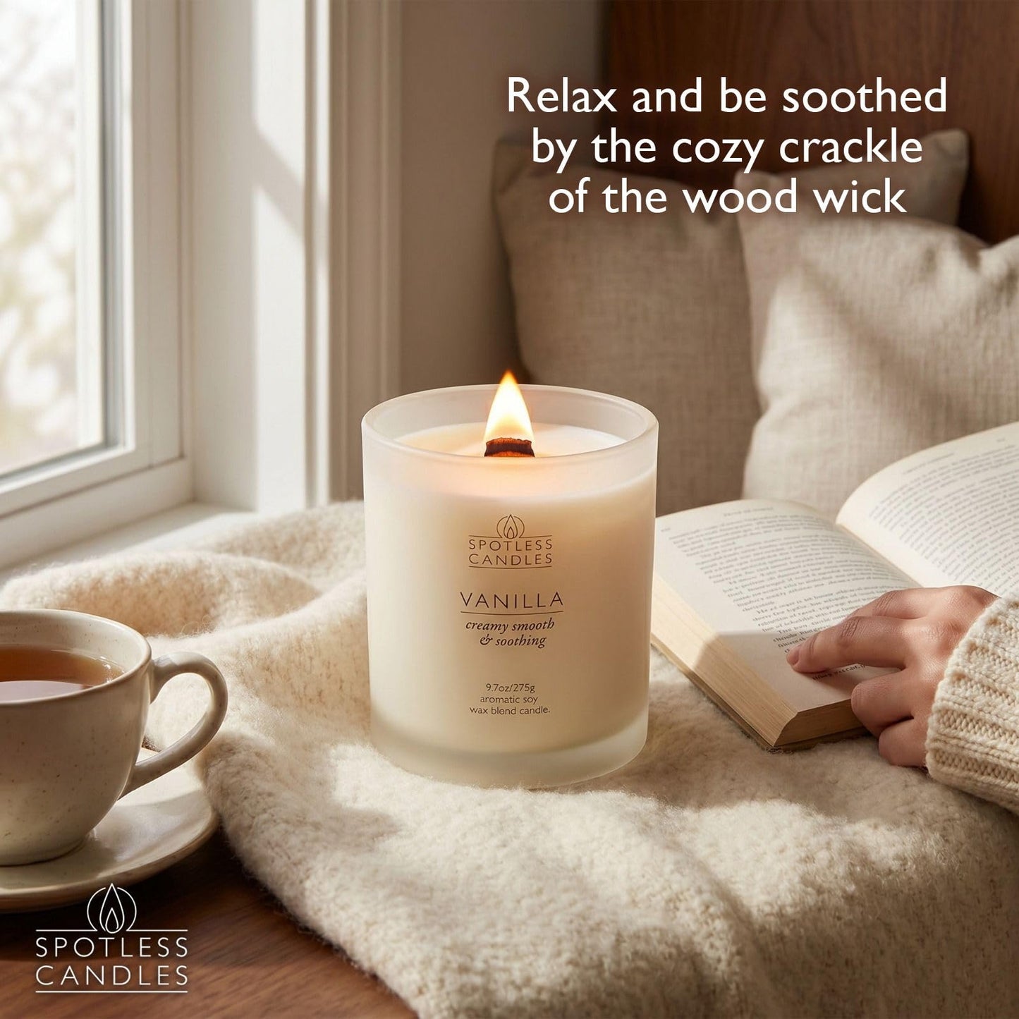 Vanilla Candle; 275g, 55 Hrs Burn Time, Soy Wax White Frosted Jar with Crackling Wooden Wick & Luxury Gift Box: Vanilla Scented Candle by Spotless Candles