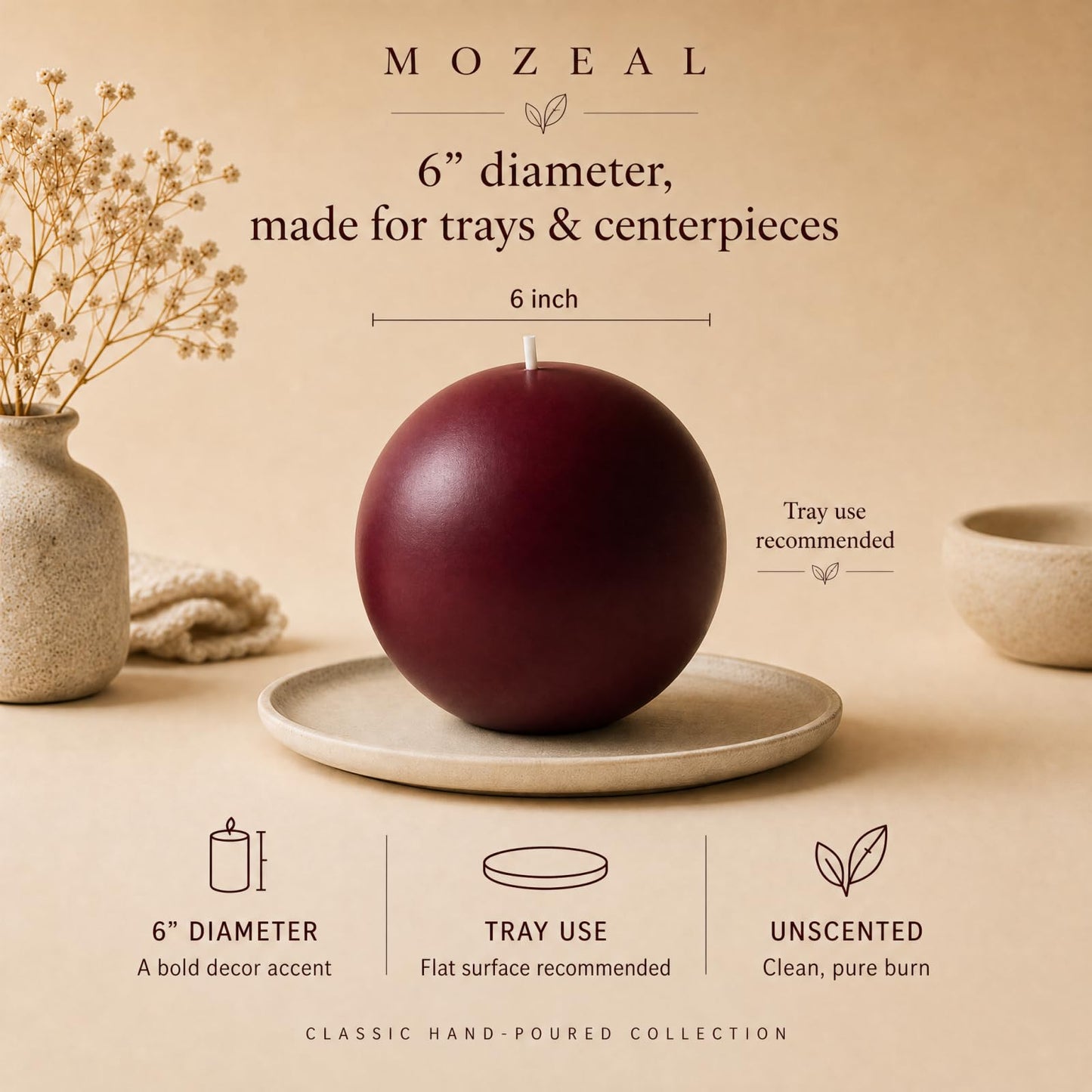 MOZEAL Hand-Poured, 6 Inch Burgundy Large Round Ball Candles - Elegant Burgundy Round Pillar Candles, Dripless, Unscented, Smokeless, Ideal for Intimate Gatherings.