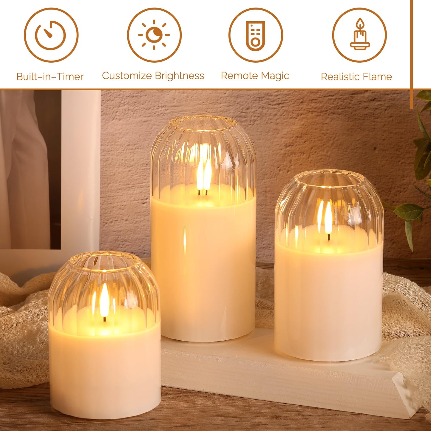Girimax Clear Glass Flameless Candles with Remote, Flickering LED Pillar Candles Battery Powered Ribbed Dome Top Set of 3