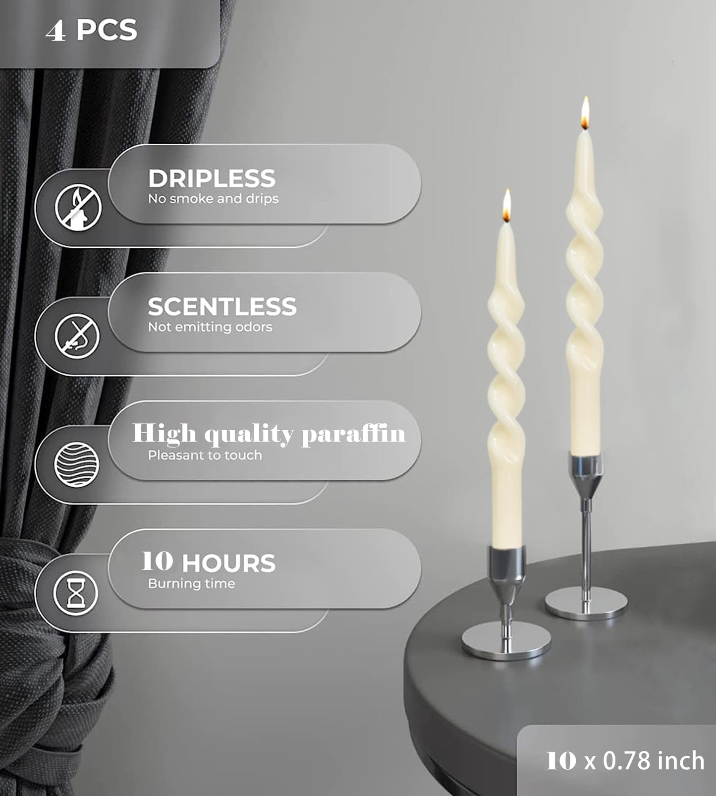 MAITREYA Tall Taper Candle Stick Ivory Spiral Taper Candles for Decoration Weddings Party Church-Unscented Dripless Candles Set of 4 10inch(C-Ivory-new)