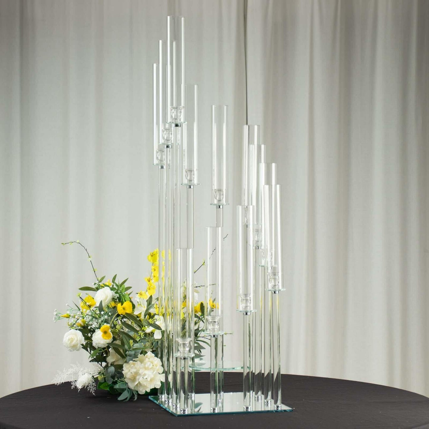Efavormart 4.5ft Crystal 12-Arm Cluster Glass Candelabra Floral Pedestal Stand, Square Hurricane Taper Candle Holder Stand