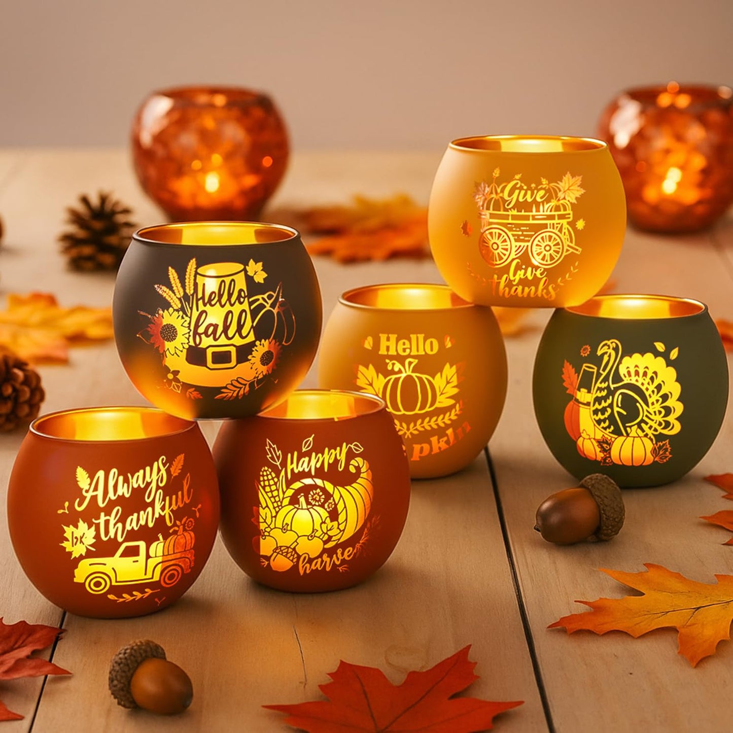VIHOSE 6 Set Thanksgiving Votive Candle Holders with 6 LED Battery Operated Candles Fall Glass Tealight Holders Fall Table Decorations for Home Table Centerpiece Decor Gifts