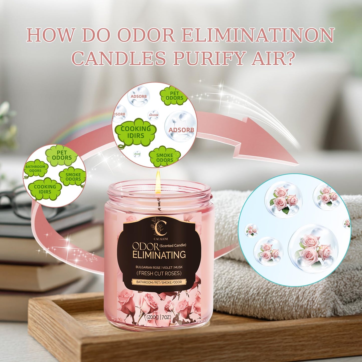 Rose Odor Eliminating Candles, Pet Scented Candles for Home, Single Wick Soy Candle Gifts for Women, Men, Ideal for Creating Relaxing Atmosphere, Over 50 Hours of Burn Time