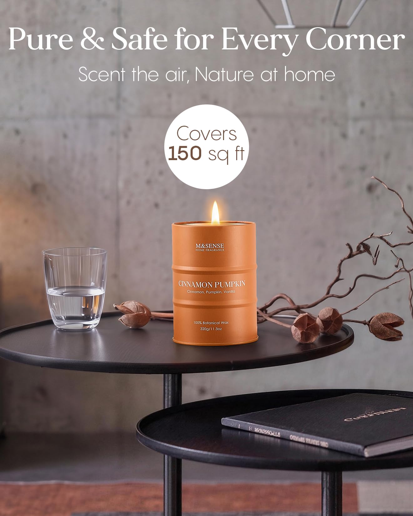 M&SENSE Cinnamon Pumpkin Scented Candles Christmas Decor,Natural Non Toxic, Aromatherapy Candle for Stress Relief Meditation Relaxing, Housewarming Gifts for Women Men, 11.3oz 70 Hour Christmas Candle