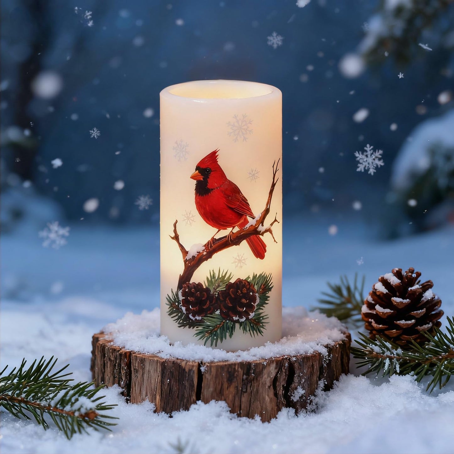 Eldnacele Christmas Cardinal Flameless Candles Battery Operated with Remote and Timer Real Wax Flickering LED Pillar Candles Winter Holiday Indoor Decor(2 Pack, 3" D x 6" H)