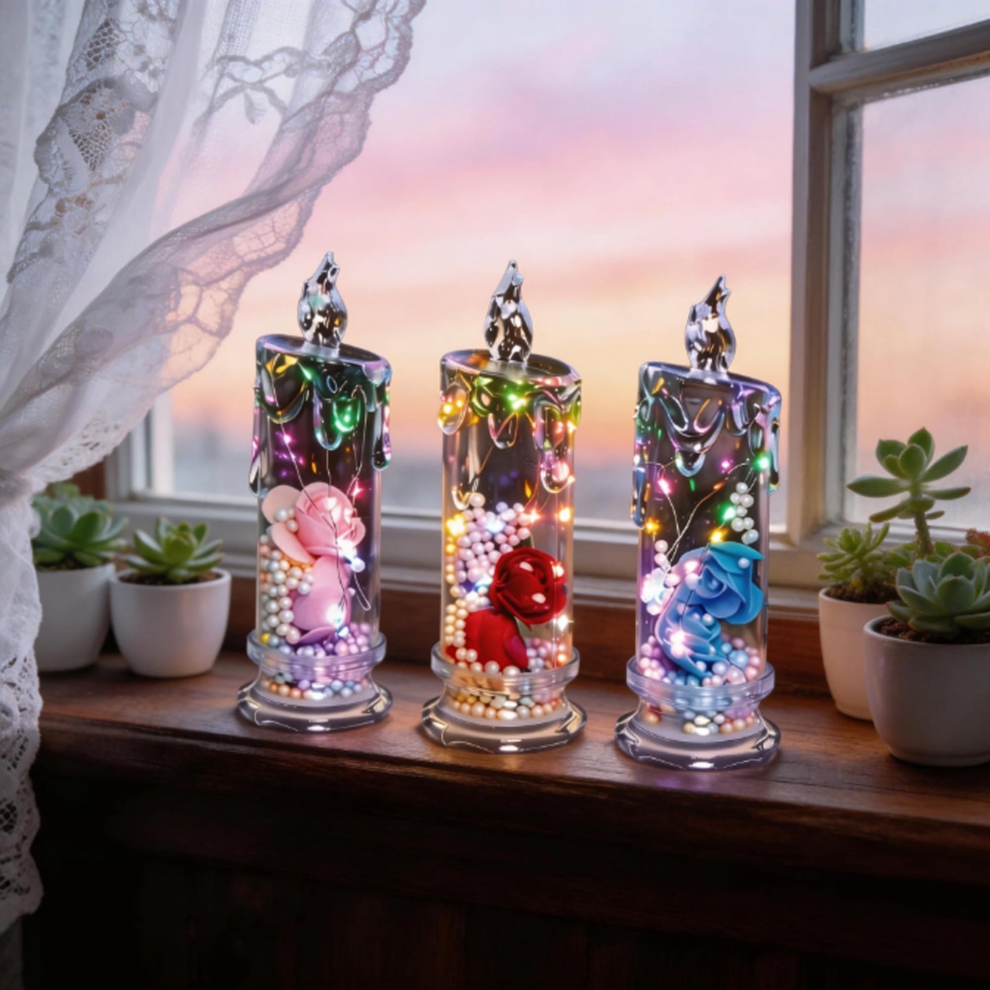Realistic Rose Candle Lights — Battery-Powered, Set of Four Realistic Rose-Shaped Candle Lights, Smoke-Free LED Roses for Home Decor, Faux Flameless Romance Anniversary Romantic Decorations (3Pcs)