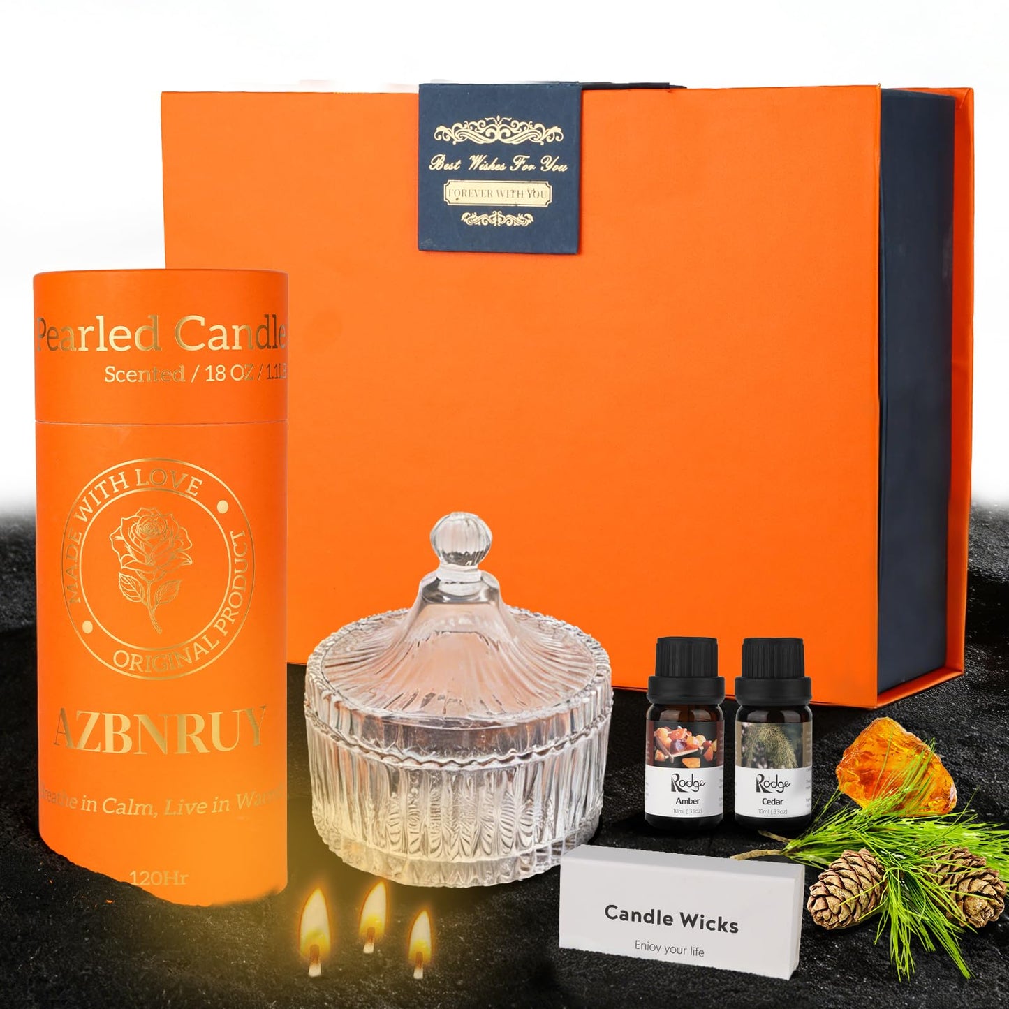 Pearled Candles Sand and 30 Wicks 18 Oz-Refillable Amber & Cedar Scented Pearled Candle Non Toxic Luxury Long Lasting 120 Hours-Scented Pearl Powder Wax Sand Candle Beads Kit for Candles Making Kit