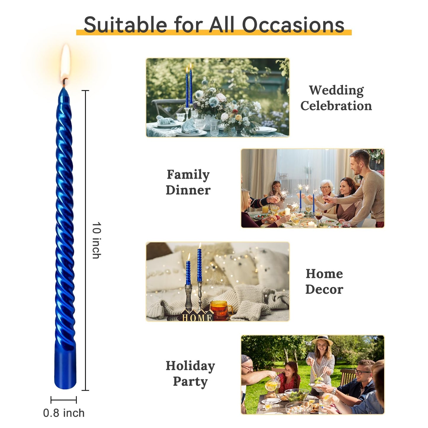 10 Inch Blue Spiral Taper Candles Set for Dinner, Unscented Dripelss Candlesticks for Home Holiday Party Decoration