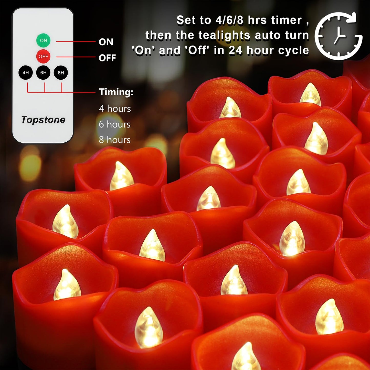 Topstone Red Remote Control Flameless Tealight Candles,CR2450 Battery Powered Votive Candles with Timer,Electric Fake Candle for Home, Christmas Decoration,Pack of 12