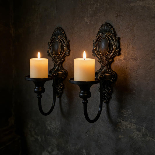 YOLLZEY Candle Holder Wall Sconces Set of 2 - Gothic Vintage Black Wrought Iron, Medieval Victorian Wall Decorations for Candles, Living Room Bathroom Entryway Halloween Rustic Home